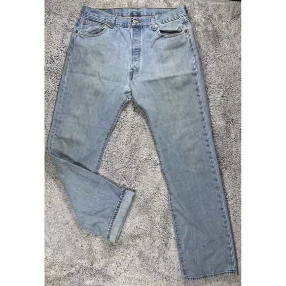 Levis 501 Jeans Mens 36x34 Blue Denim Pants Button Fly Faded Workwear Restored - Picture 1 of 16